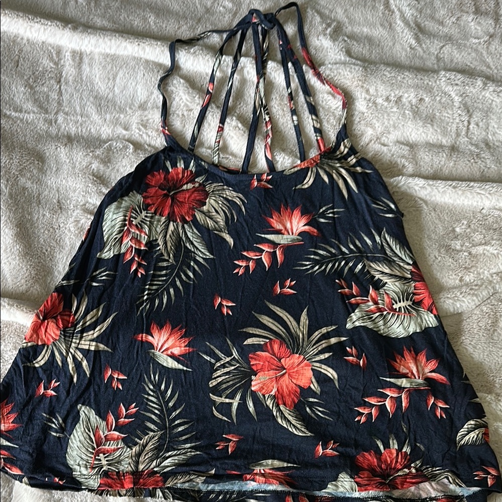 VENUS Navy Tank Top with Coral Tropical Pattern & Strappy Detail,  Size M